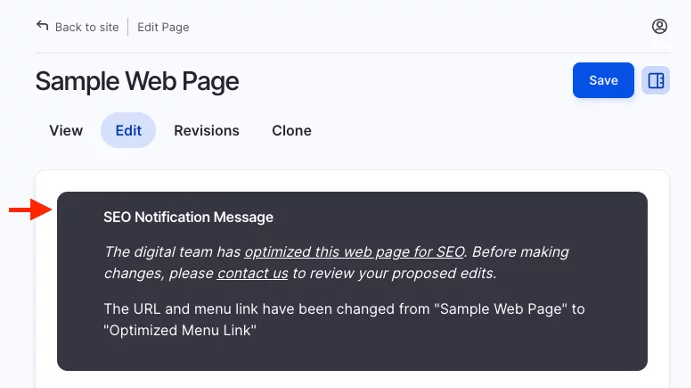 Screenshot of SEO Notification Message
