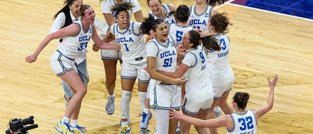 ucla women's basketball team celebrating on court