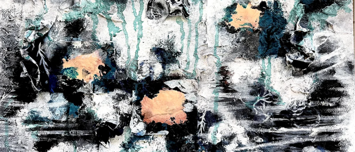 Mixed media painting in black, white, and turquoise 