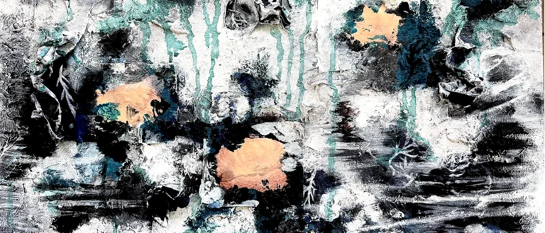 Mixed media painting in black, white, and turquoise 