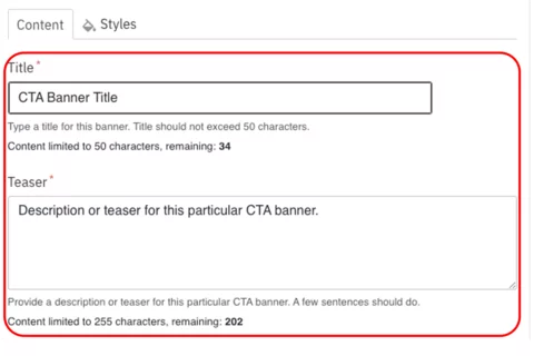 Example of the CTA Banner Title and Teaser fields with sample text 