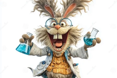 Picture of smiling rabbit with glasses in science outfit holding beaker