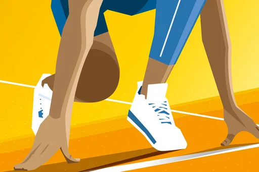 A person's wearing tennis shoes about to begin a race