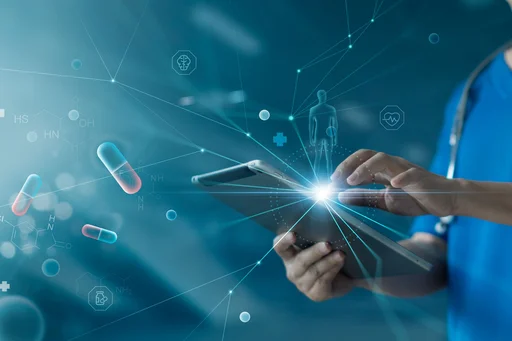 A person holding tablet to navigate through biomedical info on drugs.