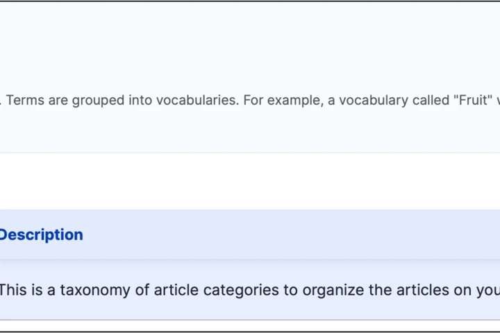 The Taxonomy page selecting the Article Categories. Selecting the List term option