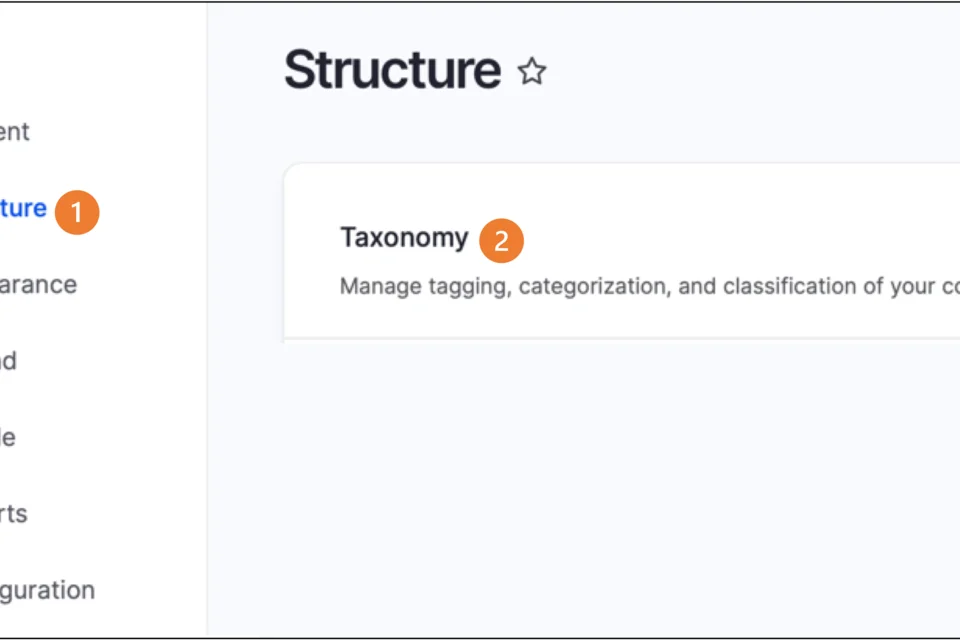 Structure menu options- Taxonomy is highlighted