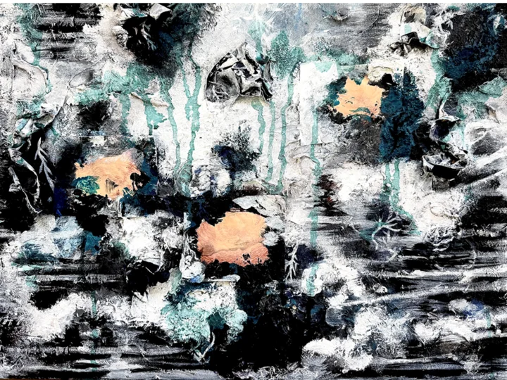 Mixed media painting in black, white, and turquoise 