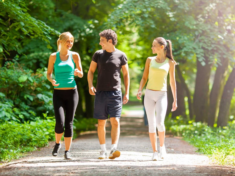 2 women and a man walking on a trail with trees in the background