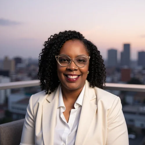A woman wearing glasses and a white suit jacket smiles while seated on a rooftop with a city skyline in the background at sunset.