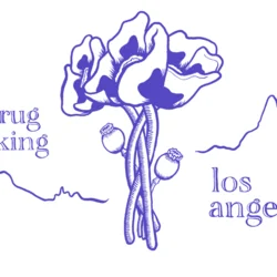 Purple logo for Drug Checking Los Angeles. Poppies in the middle and to the left and right of the poppies are sketches of specta.
