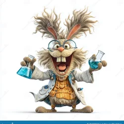 Picture of smiling rabbit with glasses in science outfit holding beaker