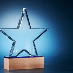 Clear star shaped crystal on wooden base against blue background