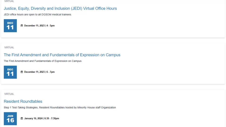 Screen capture of the JEDI group's event landing page event list