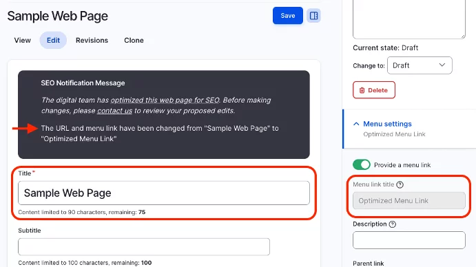 Screenshot of Menu Link Functionality Update
