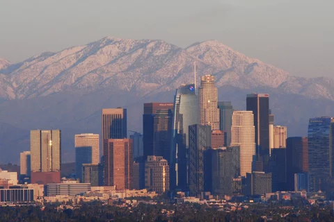photo of downtown Los Angeles at sunset