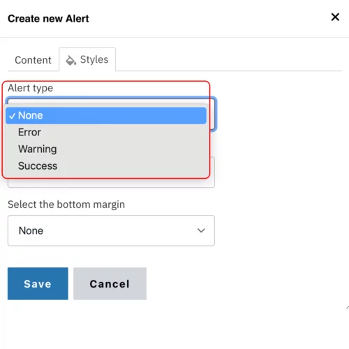 Example of the alert type dropdown 