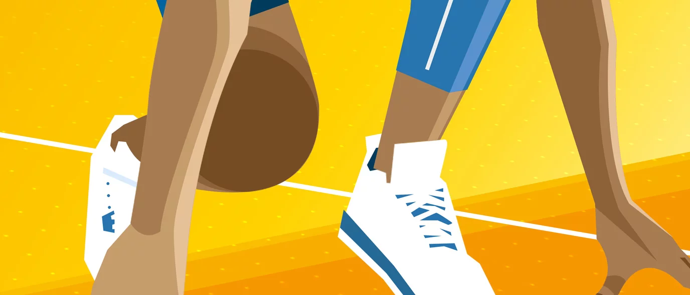 A person's wearing tennis shoes about to begin a race