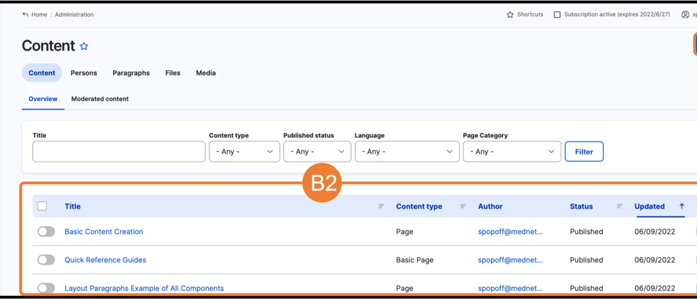 Example of how to get to the content creation page (Steps B1, B2 and C1) 